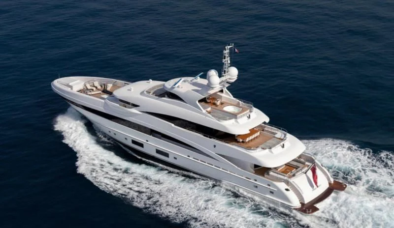 a white yacht on the water aboard PEARL Yacht for Sale