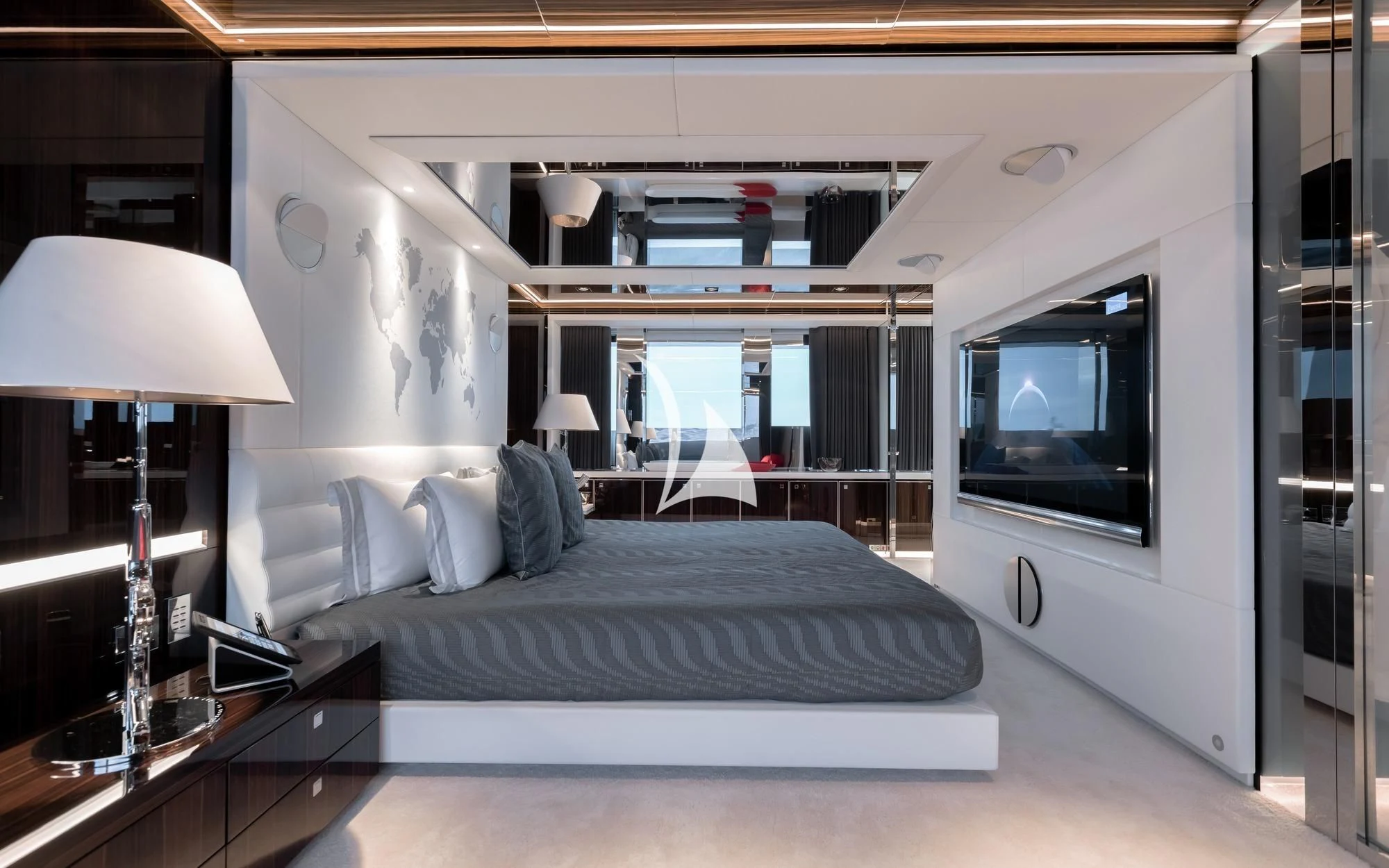 a bed in a room aboard PEARL Yacht for Sale