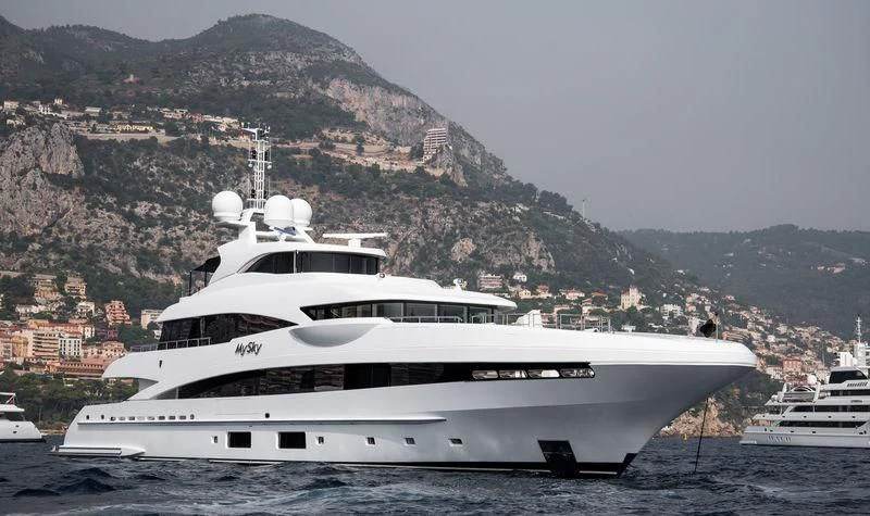 a large white yacht in the water aboard PEARL Yacht for Sale