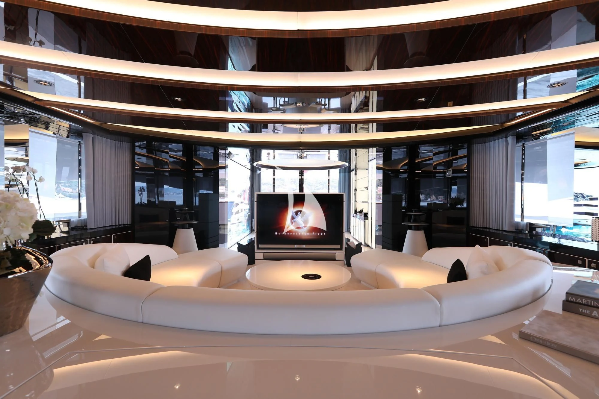 a large white bed in a room aboard PEARL Yacht for Sale