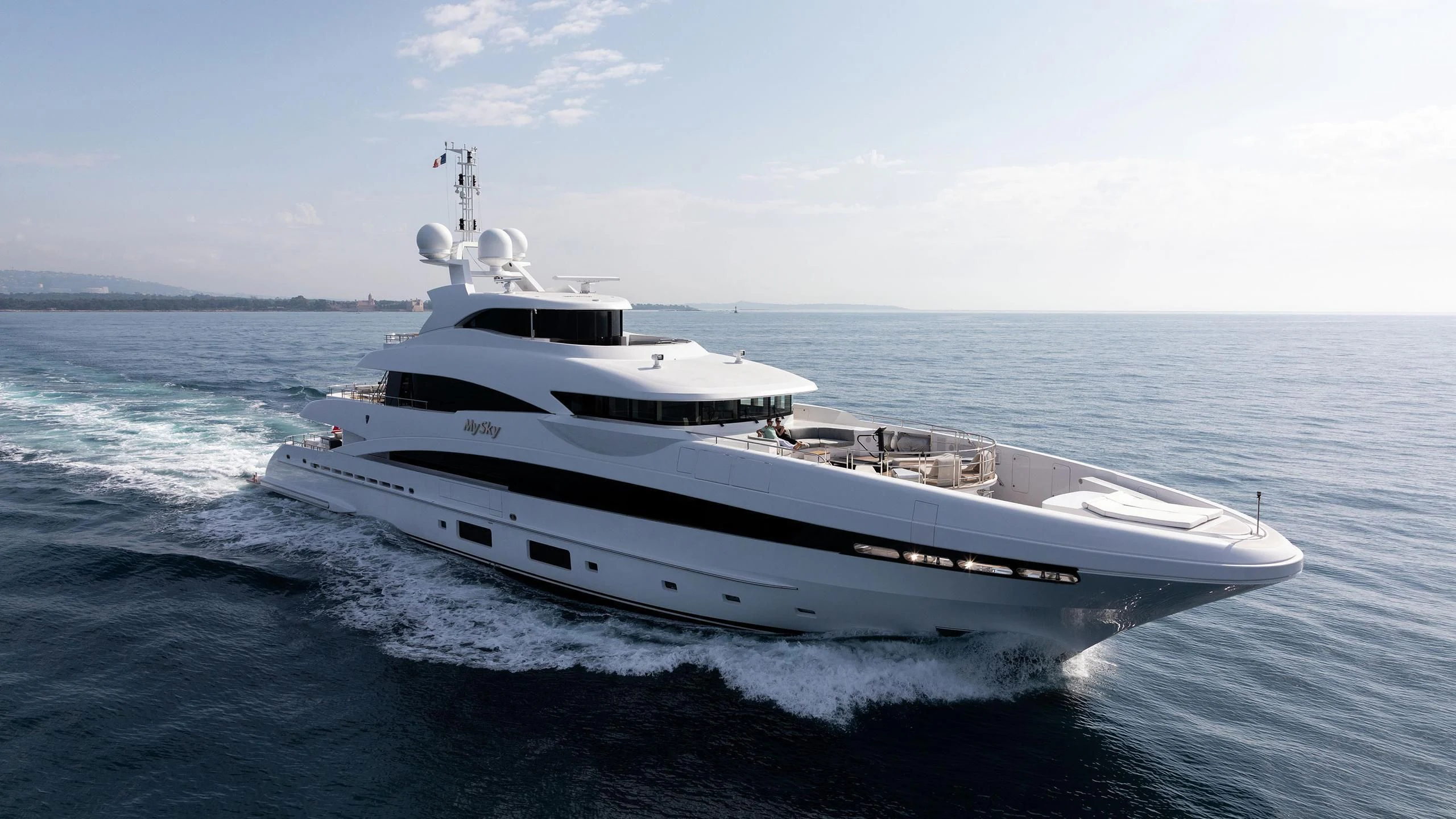 a white yacht on the water aboard PEARL Yacht for Sale