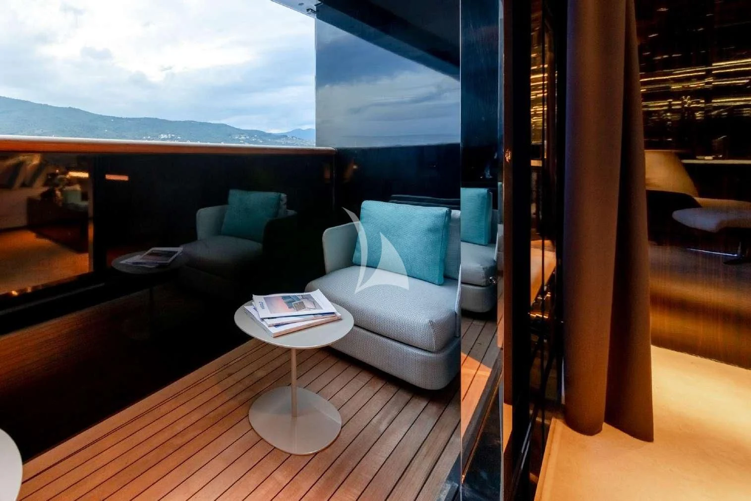 a room with a view of the ocean and the ocean aboard PEARL Yacht for Sale