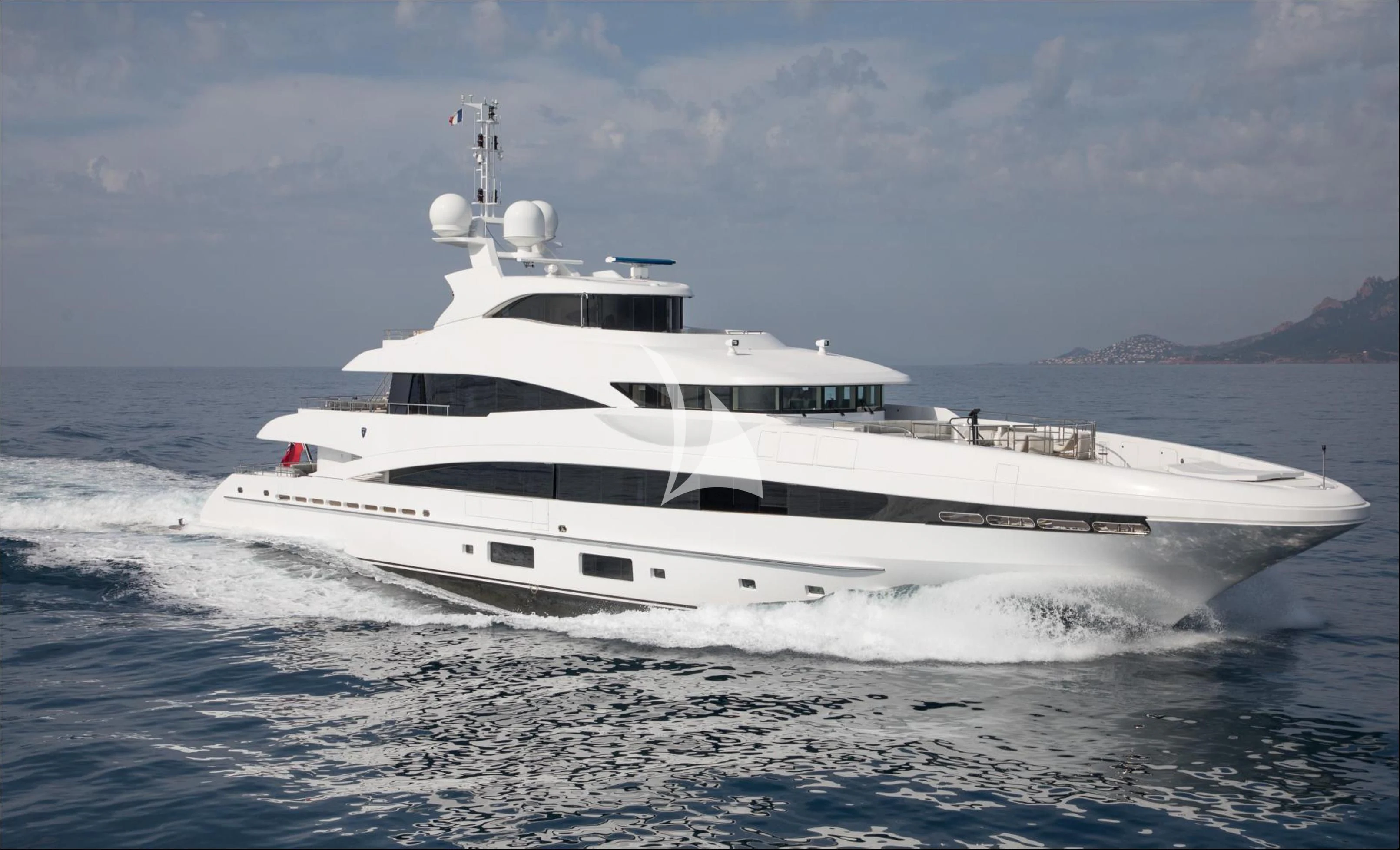 a white yacht on the water aboard PEARL Yacht for Sale