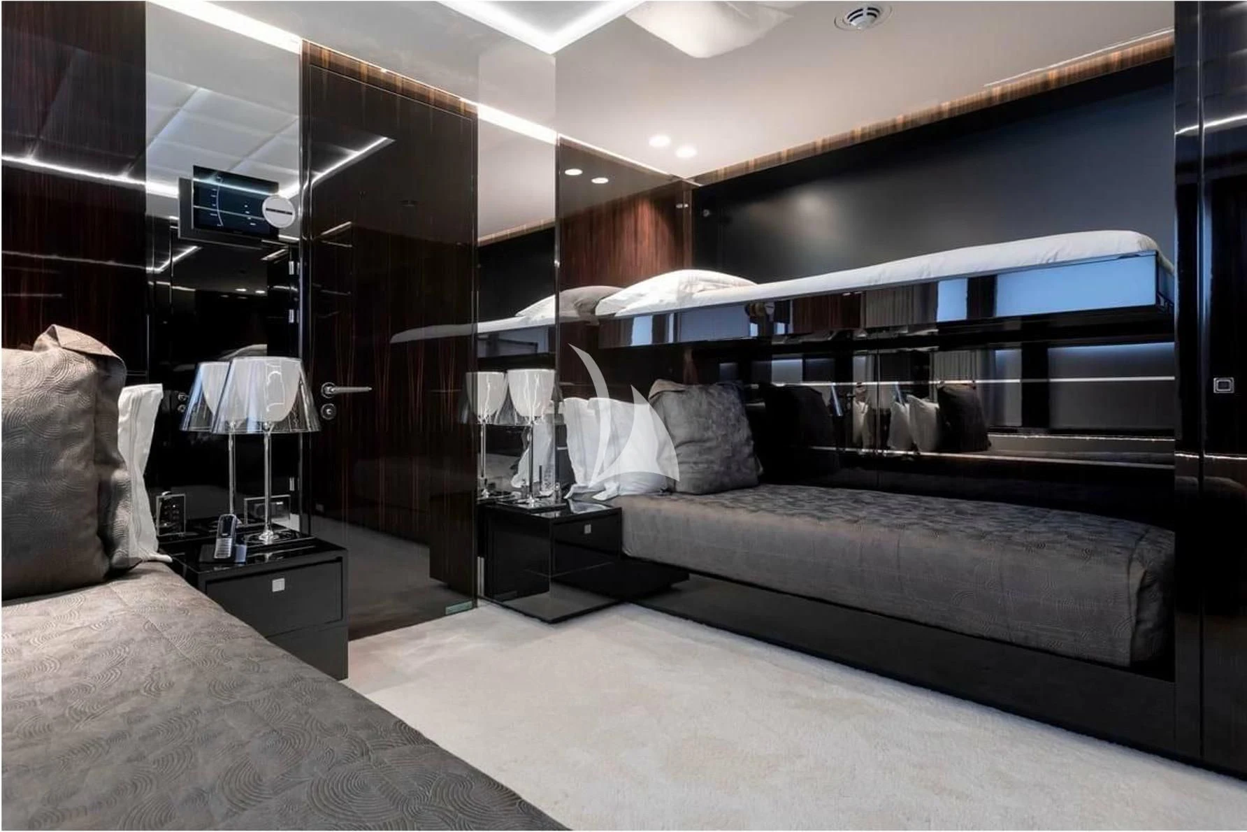a bed in a room aboard PEARL Yacht for Sale