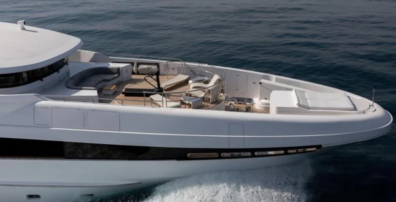 a white yacht on the water aboard PEARL Yacht for Sale