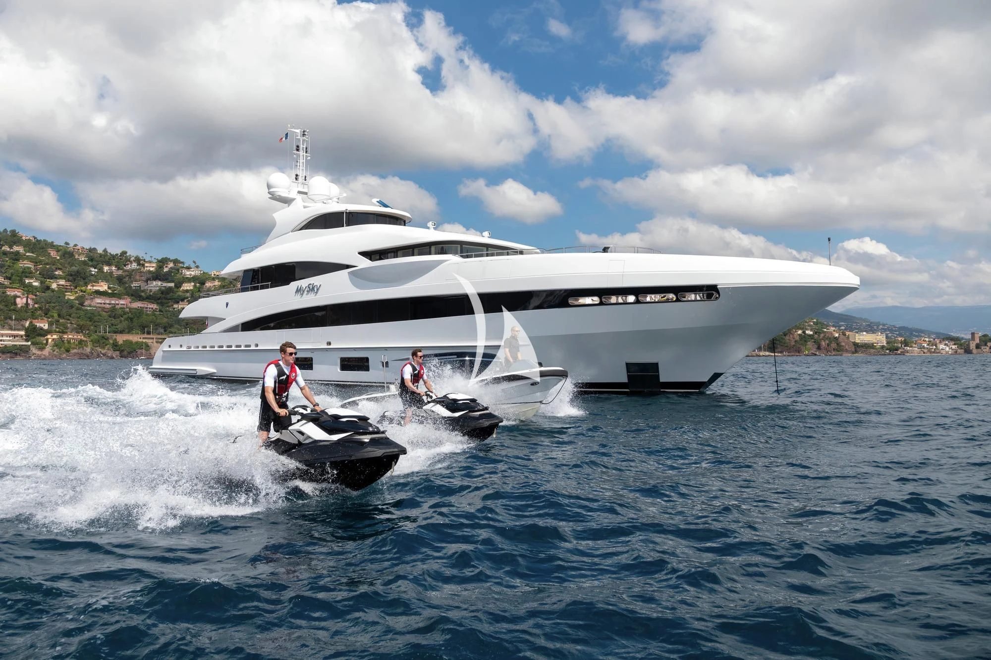 a boat with a couple of people on it aboard PEARL Yacht for Sale