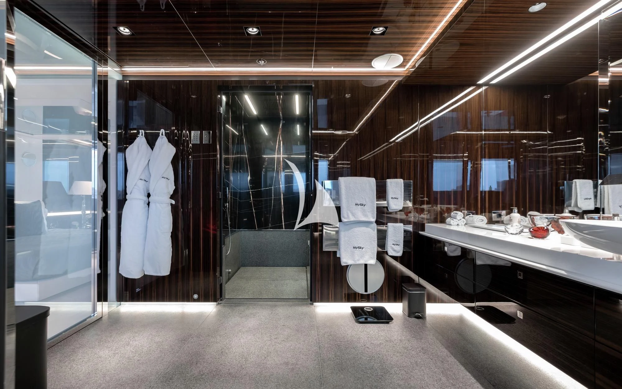 a bathroom with a large mirror aboard PEARL Yacht for Sale