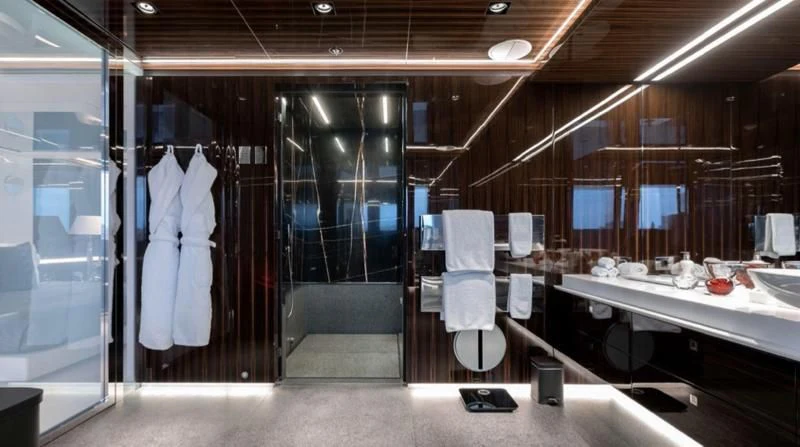 a bathroom with a large shower aboard PEARL Yacht for Sale