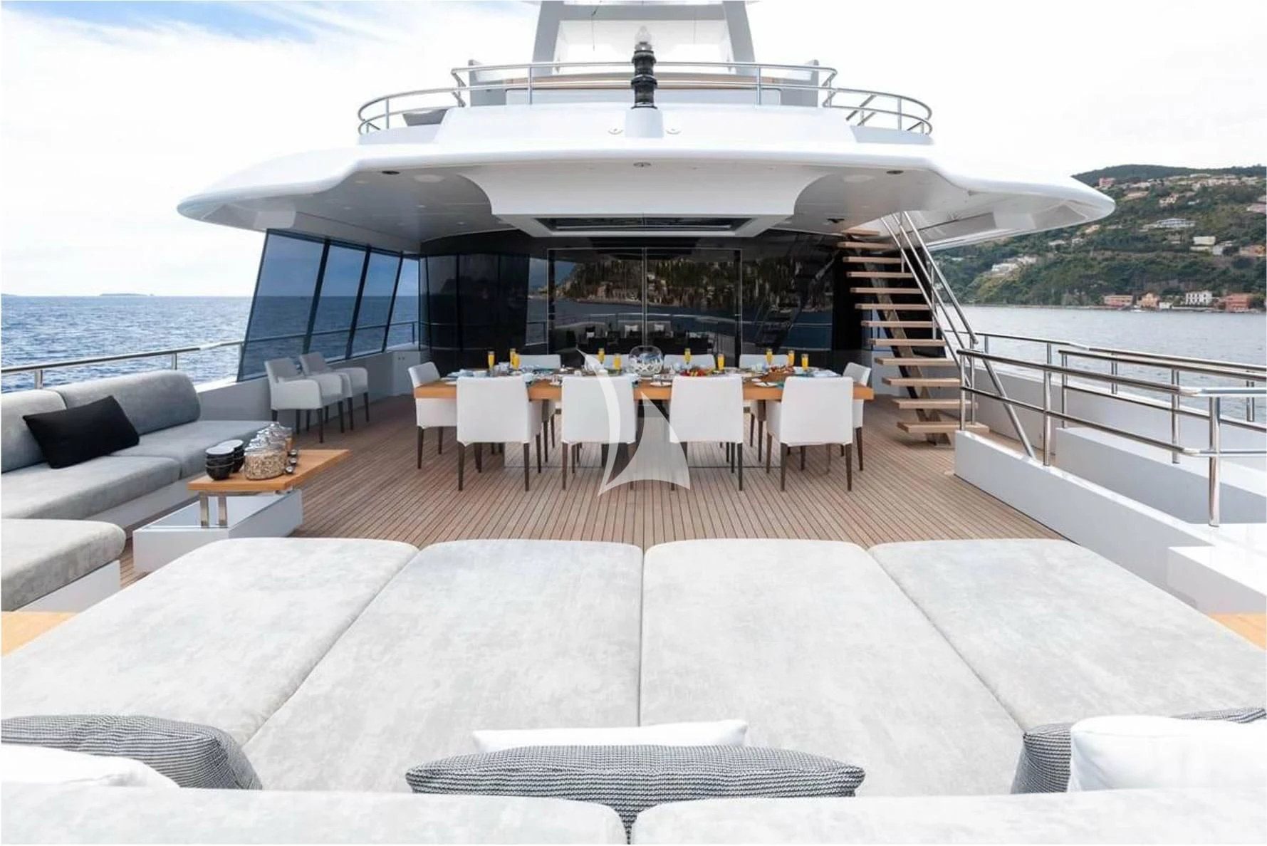 a boat on a deck aboard PEARL Yacht for Sale