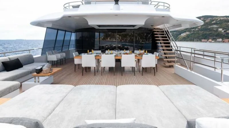 a large boat on a boat aboard PEARL Yacht for Sale