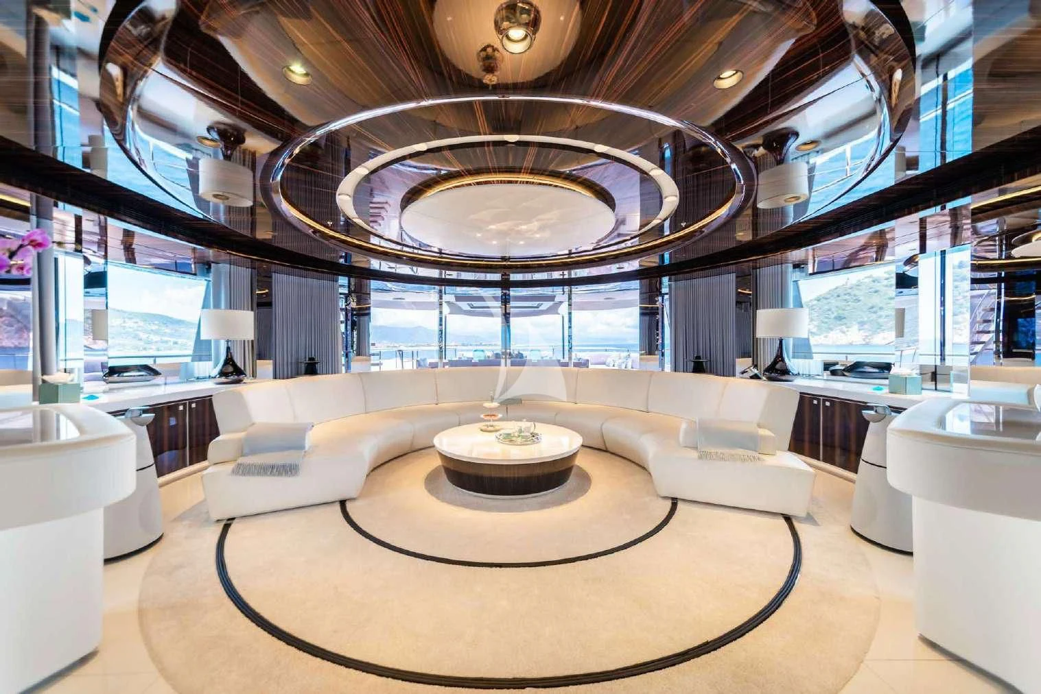 a large room with a large chandelier aboard PEARL Yacht for Sale