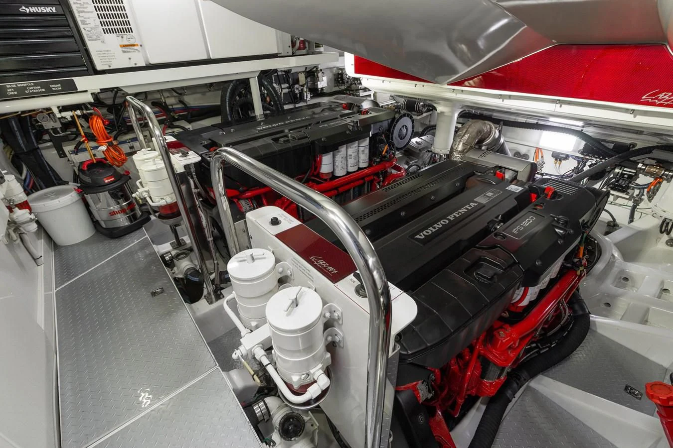 a large machine with red and white pipes aboard ASHLEY Yacht for Sale