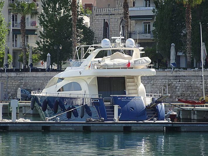 a boat with a large blue and white boat on the water aboard WOLF HEROES Yacht for Sale