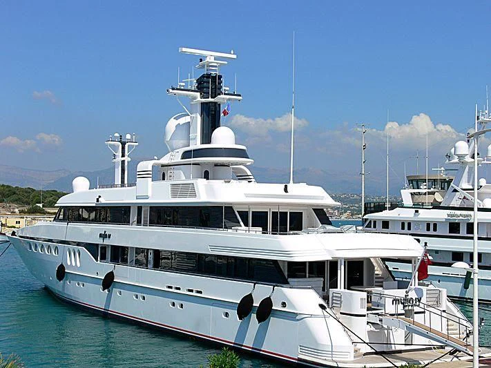 a group of boats in a harbor aboard MYLIN IV Yacht for Sale