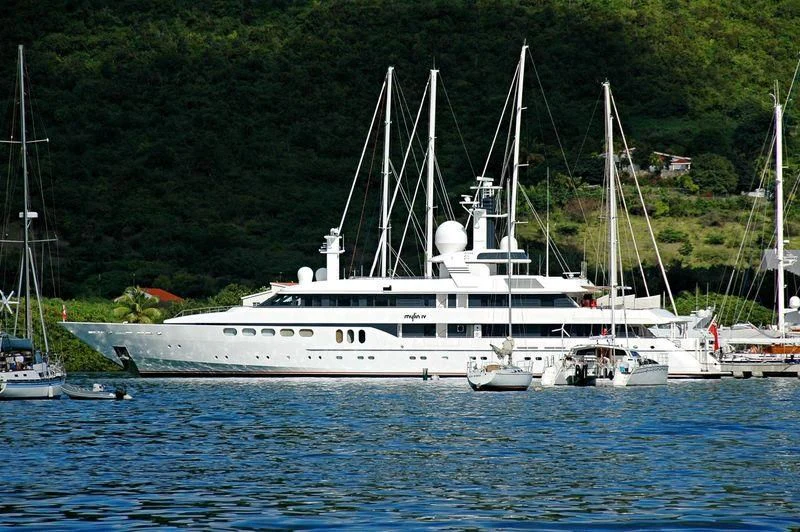 a large white boat in the water aboard MYLIN IV Yacht for Sale