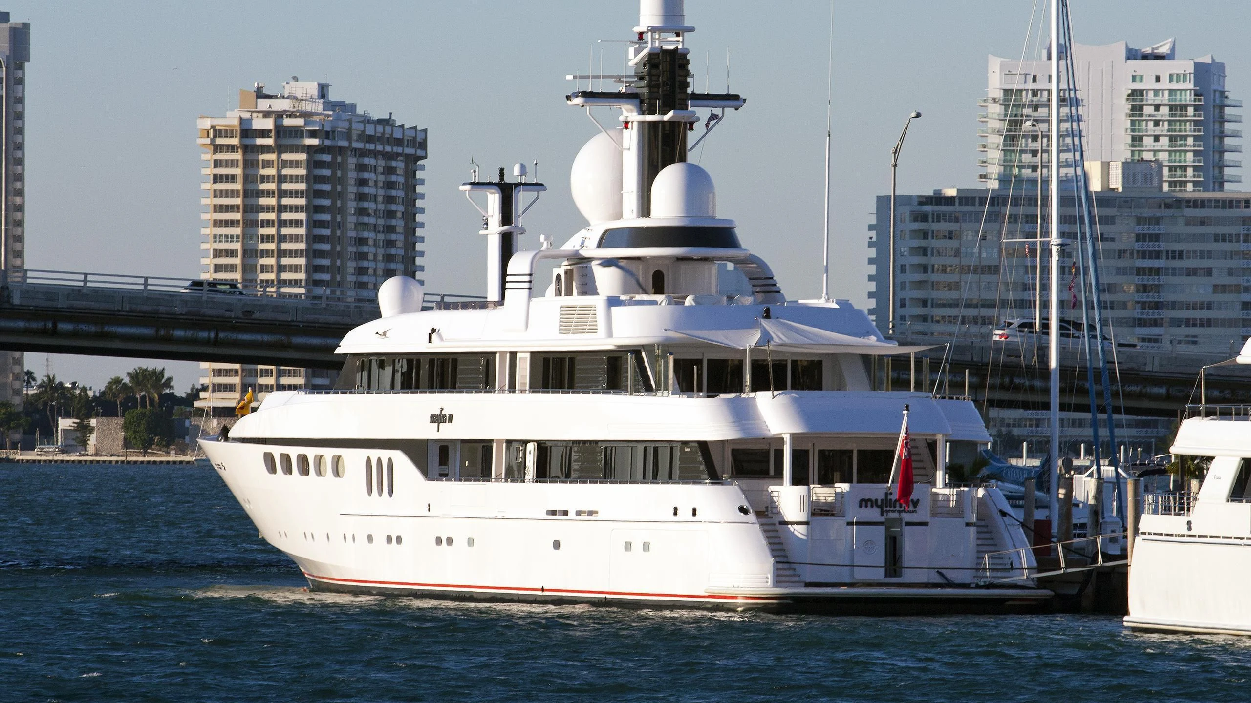 a large white boat in the water aboard MYLIN IV Yacht for Sale