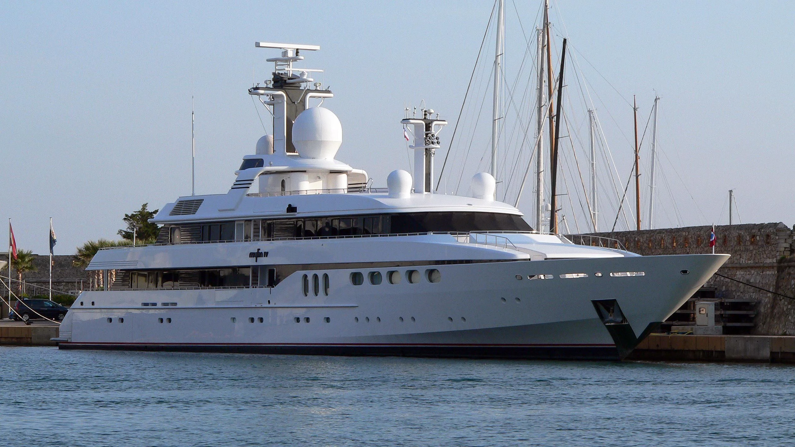 a large white ship aboard MYLIN IV Yacht for Sale