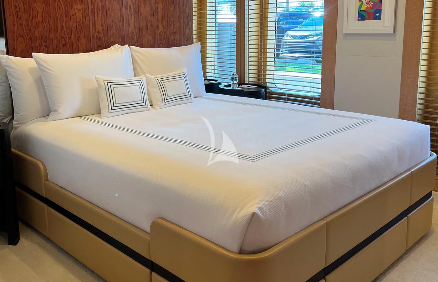 a bed with white sheets aboard SPORT Yacht for Sale