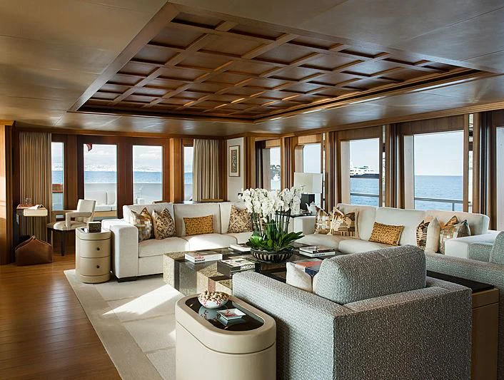 a living room with a large open ceiling aboard SPORT Yacht for Sale