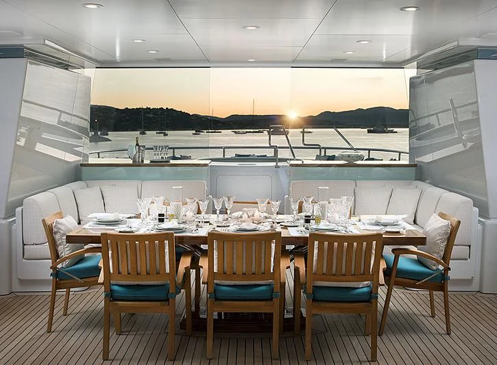 a large room with tables and chairs aboard SPORT Yacht for Sale