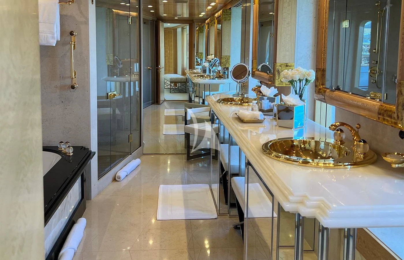 a bathroom with a sink and a mirror aboard SPORT Yacht for Sale