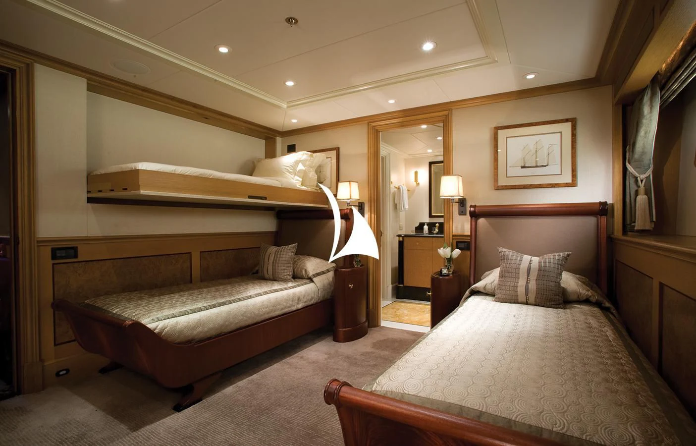a bedroom with a bed and a couch aboard UTOPIA Yacht for Sale