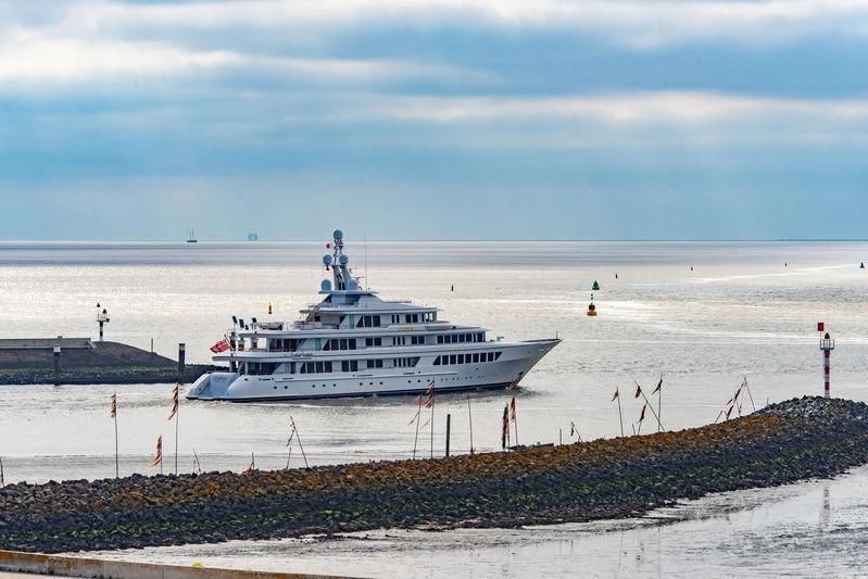 a large ship on the beach aboard UTOPIA Yacht for Sale
