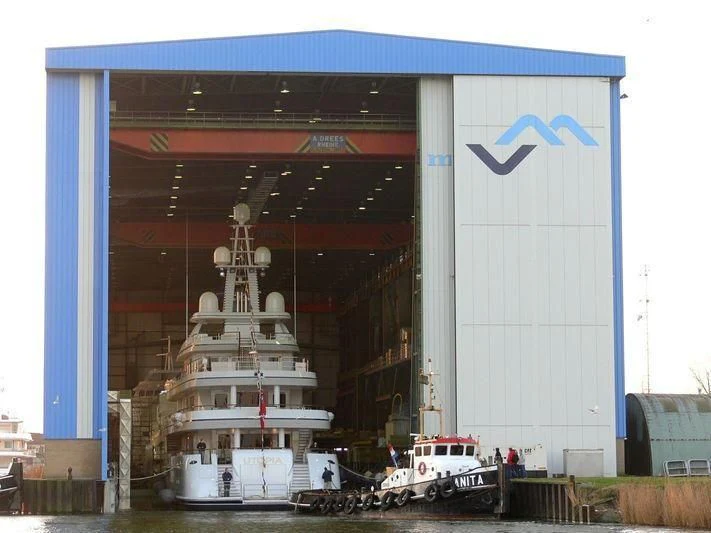 a large building with a boat in it aboard UTOPIA Yacht for Sale