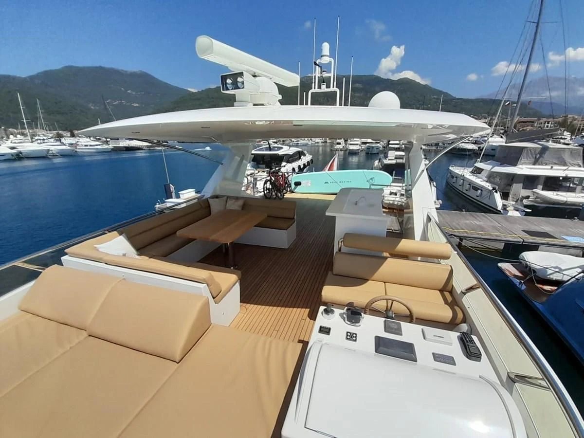 a boat dock with boats aboard ORION Yacht for Sale