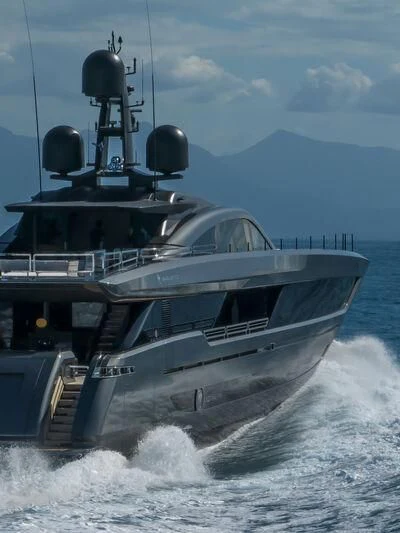 a large boat in the water aboard RUSH Yacht for Sale