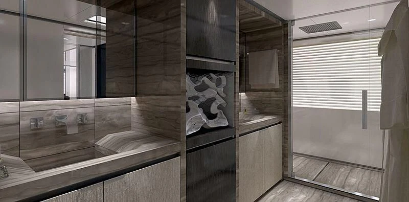 a bathroom with a glass wall aboard RUSH Yacht for Sale