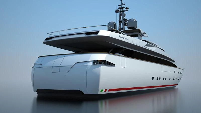 a white yacht with a red stripe aboard RUSH Yacht for Sale