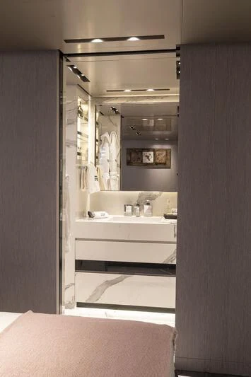 a bathroom with a shower aboard RUSH Yacht for Sale