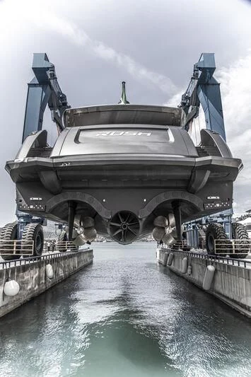 a large metal structure with a body of water in front of it aboard RUSH Yacht for Sale