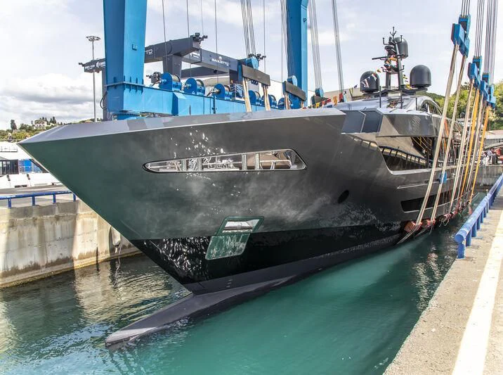 a large ship docked aboard RUSH Yacht for Sale