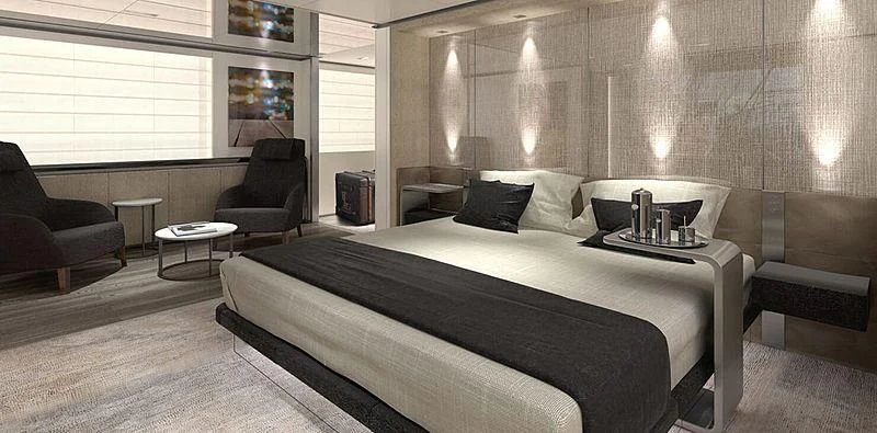a large bed in a room aboard RUSH Yacht for Sale