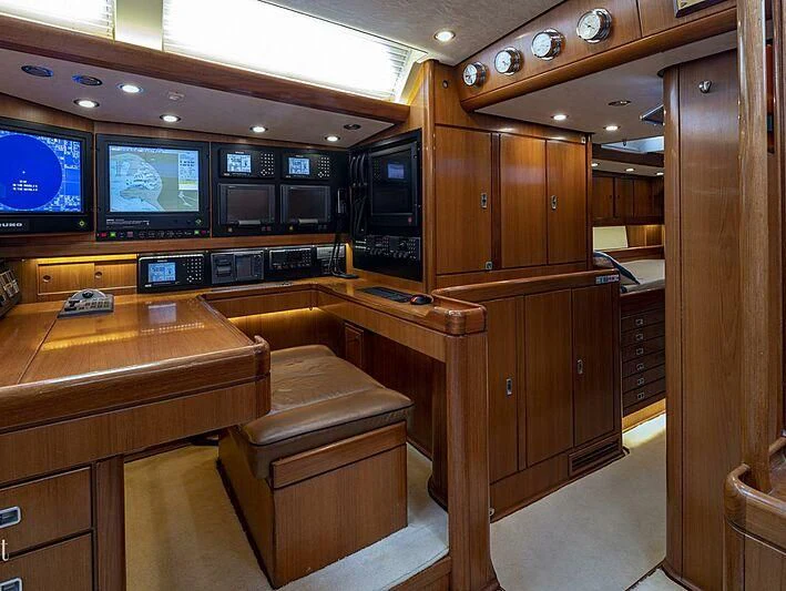 a room with a desk and tv aboard EBB TIDE Yacht for Sale