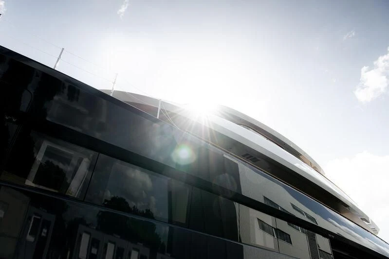 a train on the railway tracks aboard B Yacht for Sale
