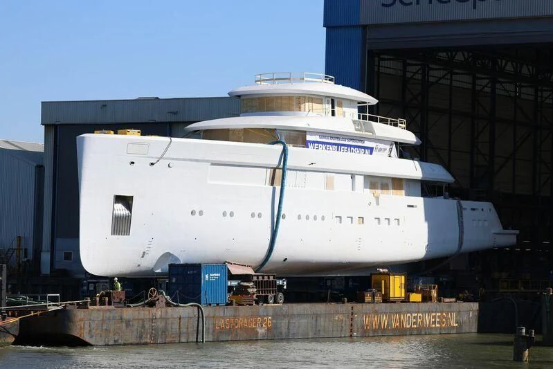 a large white ship aboard B Yacht for Sale