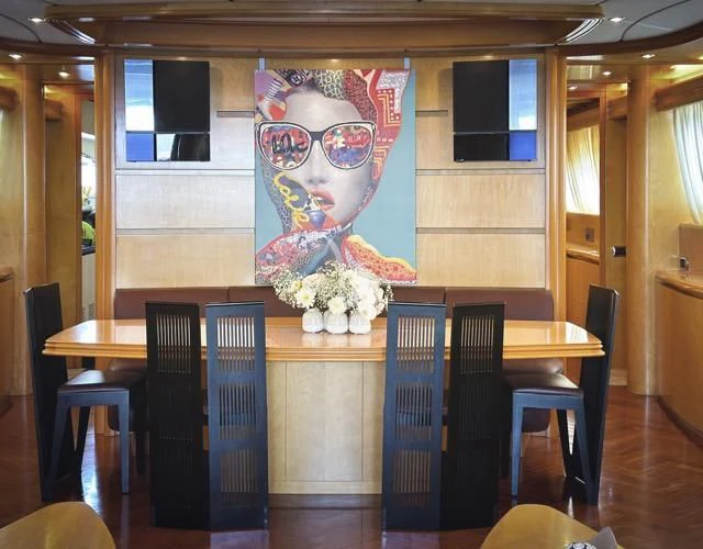 a restaurant with a sign aboard LADY A Yacht for Charter