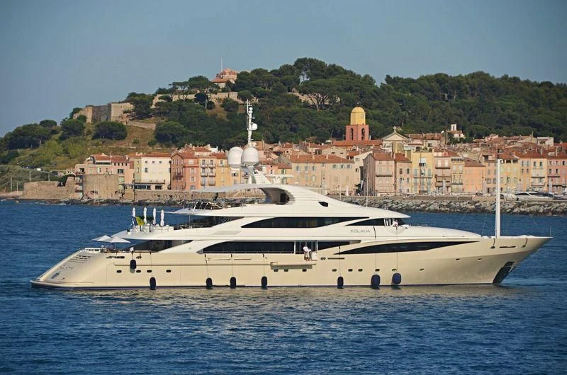 a large white boat in the water aboard KOLAHA Yacht for Sale