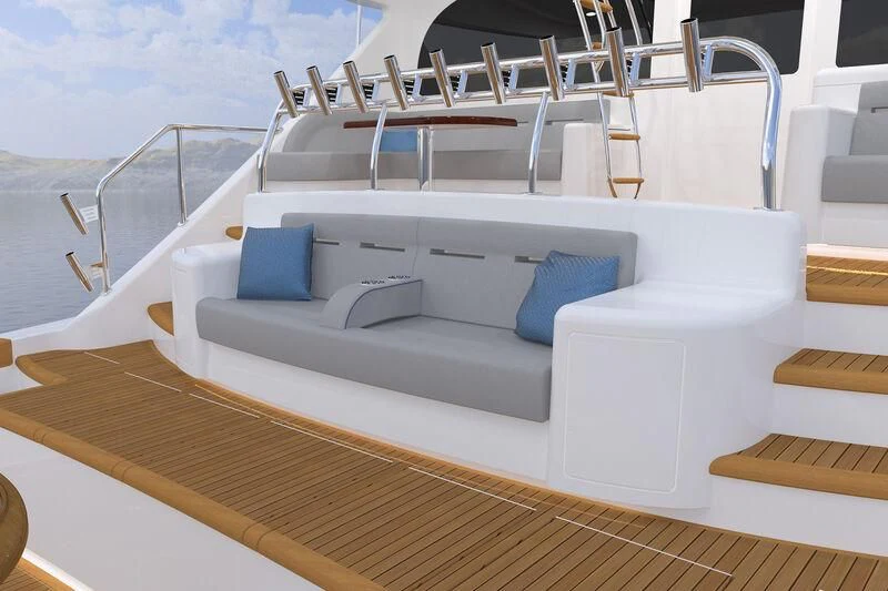 a white couch on a boat aboard HEAVY ACTION Yacht for Sale