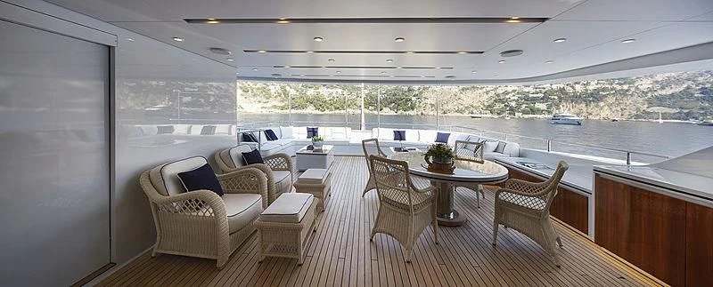 a room with a table chairs and a large window aboard FORWIN Yacht for Sale