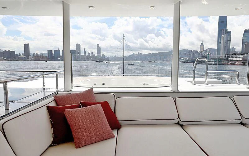a view of a city from a window of a boat aboard FORWIN Yacht for Sale