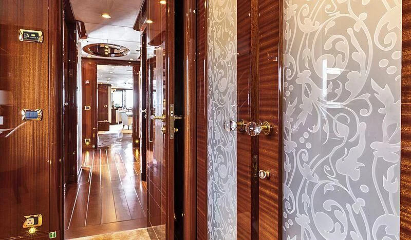 a hallway with doors aboard FORWIN Yacht for Sale
