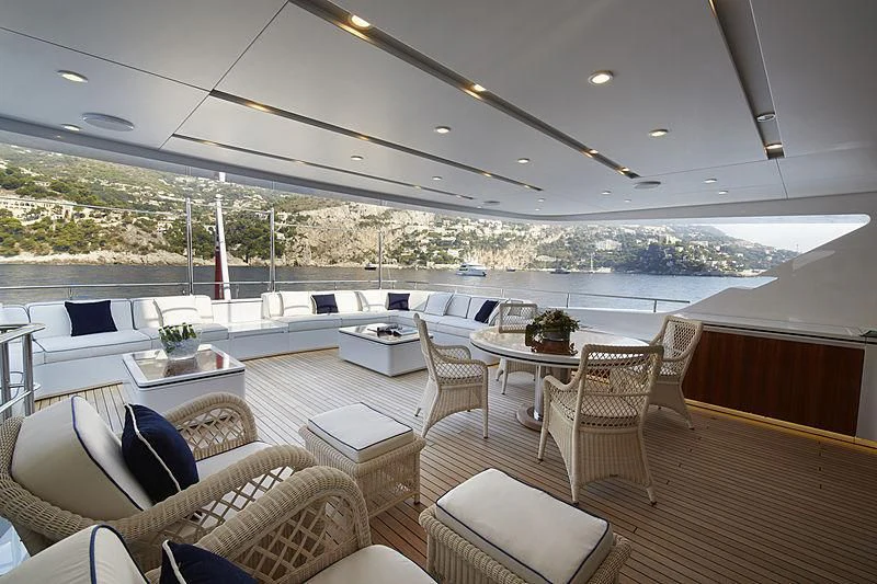 a room with a table chairs and a large window aboard FORWIN Yacht for Sale