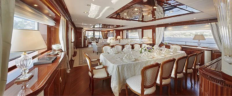 a room with tables and chairs aboard FORWIN Yacht for Sale