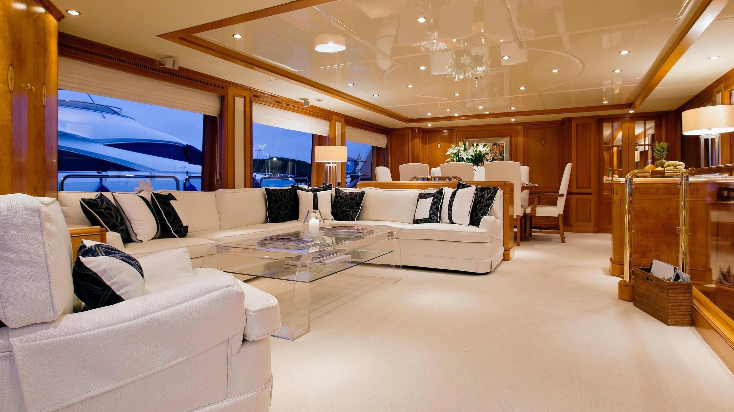 a living room with a large window aboard NEW STAR Yacht for Charter