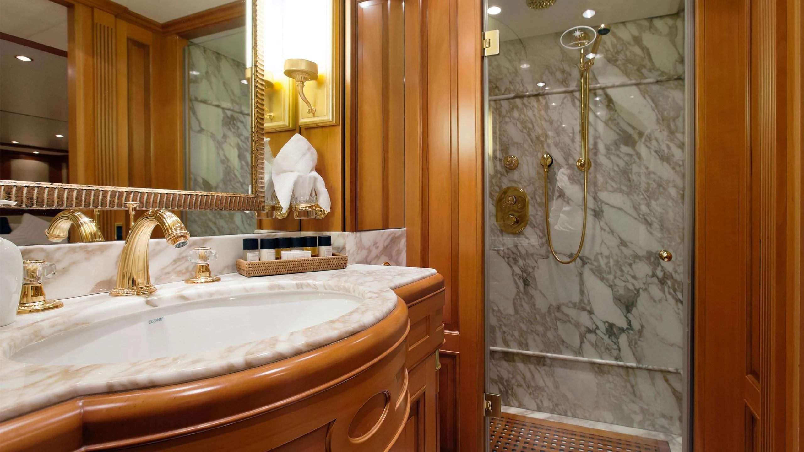 a bathroom with a sink and a shower aboard NEW STAR Yacht for Charter