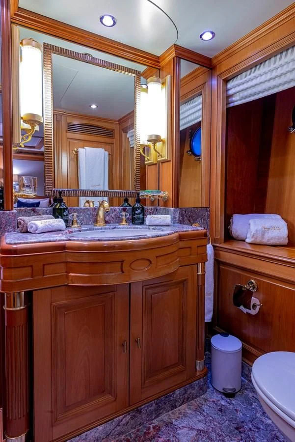 a bathroom with a large mirror aboard NEW STAR Yacht for Charter